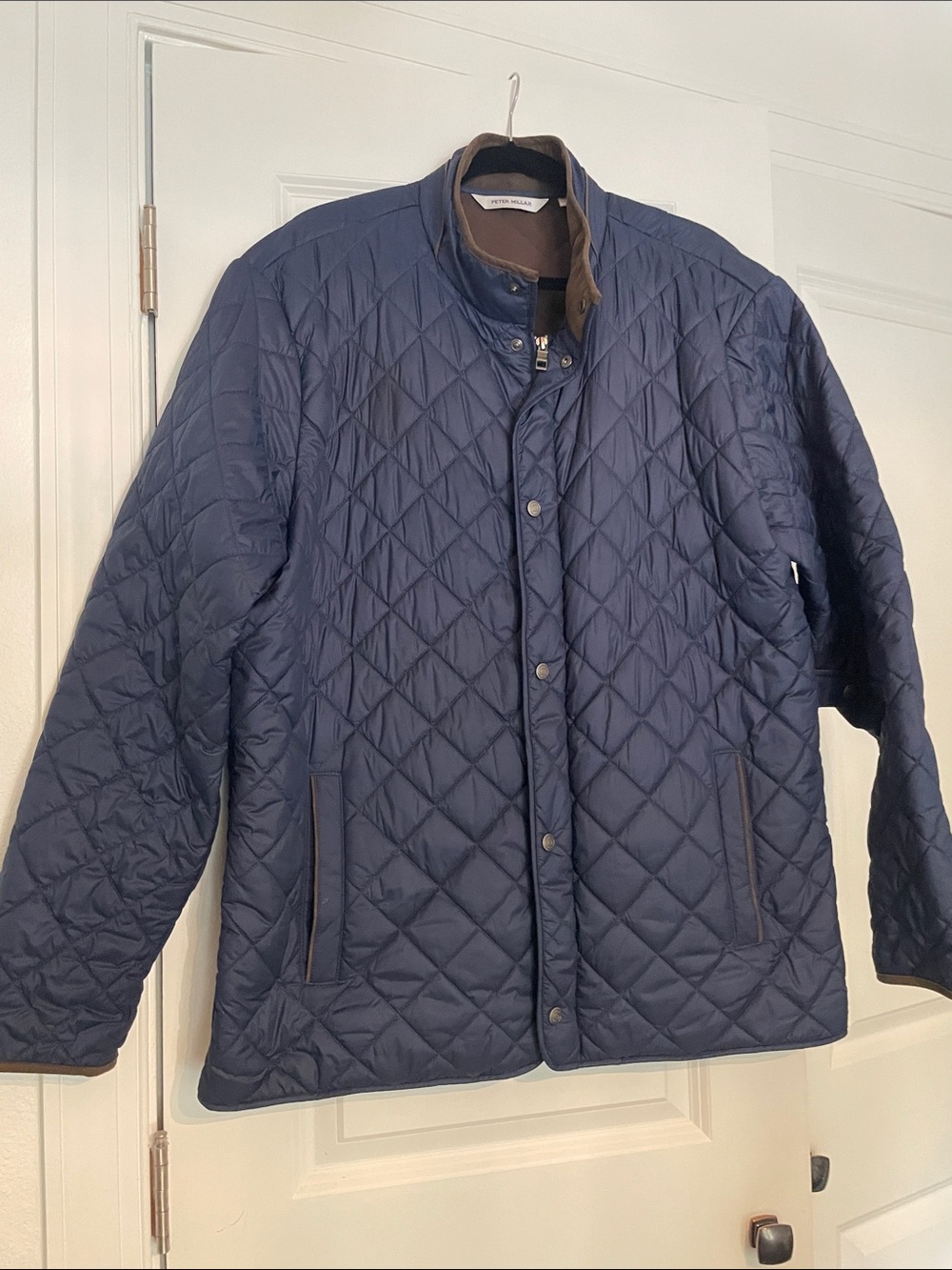 Peter Millar Quilted Navy Puffer Jacket with Brown Trim